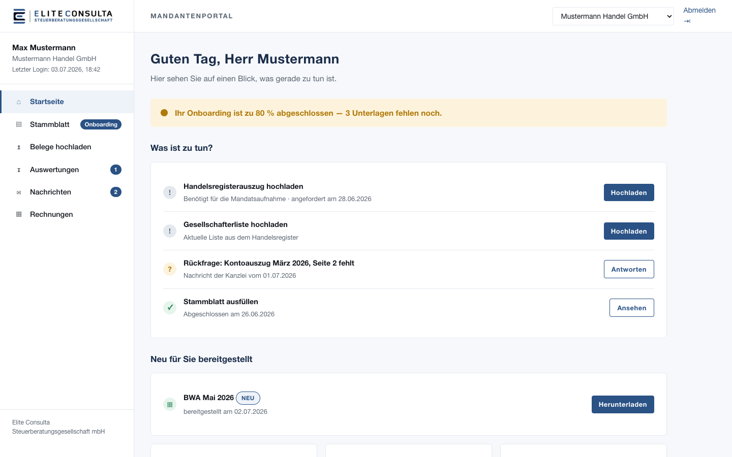 Das Mandantenportal der Elite Consulta — persönliches Dashboard